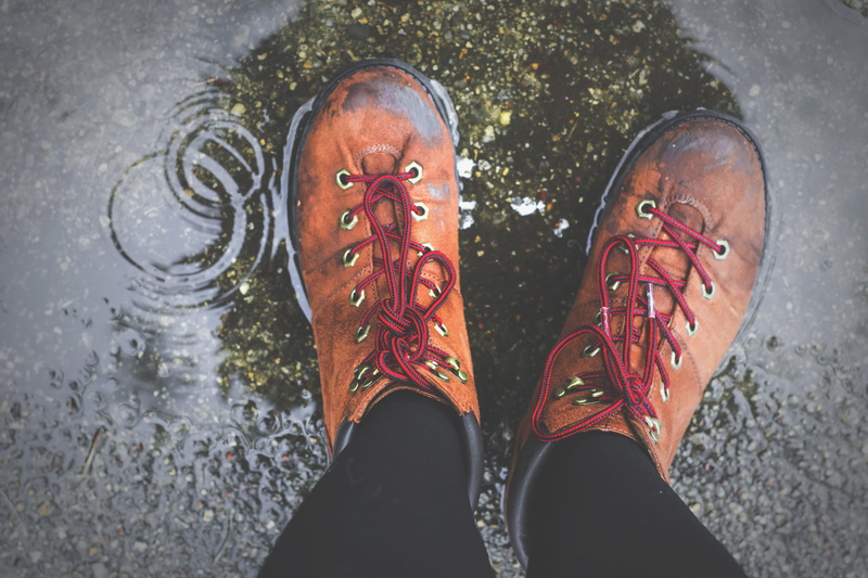 wet, rain, wearing, shoelaces, body part, outdoors, high angle view, 5K, day, human leg, red laces, standing, human body part, lifestyles, brown, men