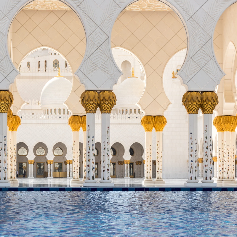 photo, travel destinations, mosque, ornate, luxury, travel, building, yellow, day, water, architecture, built structure, nature, white, belief, pool, courtyard