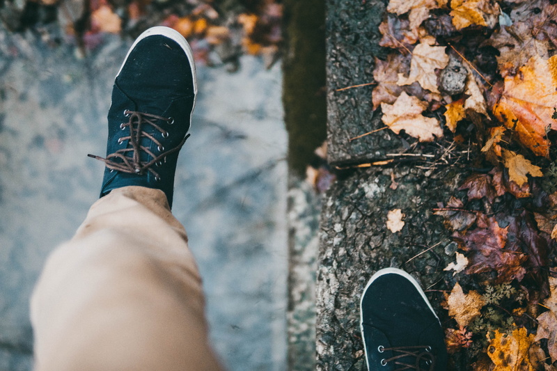 real people, nature, lifestyles, plant part, one person, low section, body part, finger, human leg, stepping, leaf, personal perspective, change, person