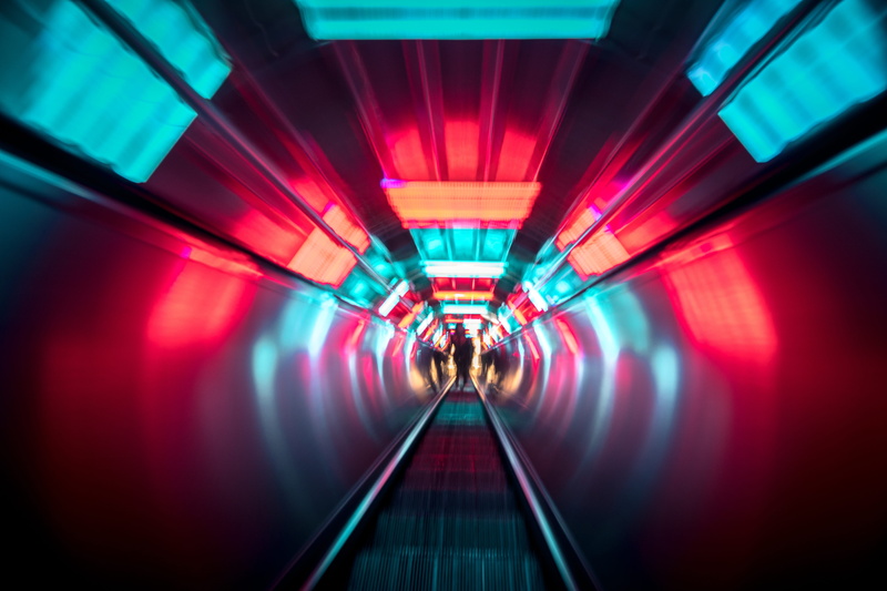 escelator, architecture, red, adult, subway station, lighting equipment, illuminated, tunnel, escalator, people, indoors, connection, incidental people