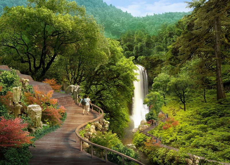 waterfall, nature, growth, footpath, outdoors, architectural visualization, cgi, tree, building, mountain, scenics - nature, water, flowing water, beauty in nature