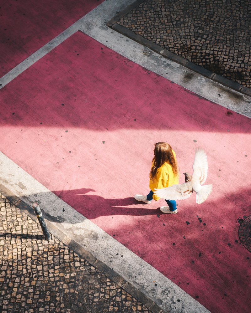 4K, looking down, photography, light, rear view, fashion, flying, red, lifestyles, pavement, streetphotography, high angle view, casual clothing, summer