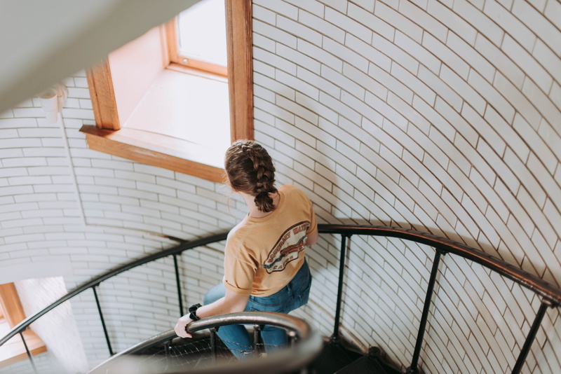 men, light, bright, going down, males, brick, one Person, 5K, girl, caucasian Ethnicity, railing, stair, braid, young, walking, female, relaxation, window light