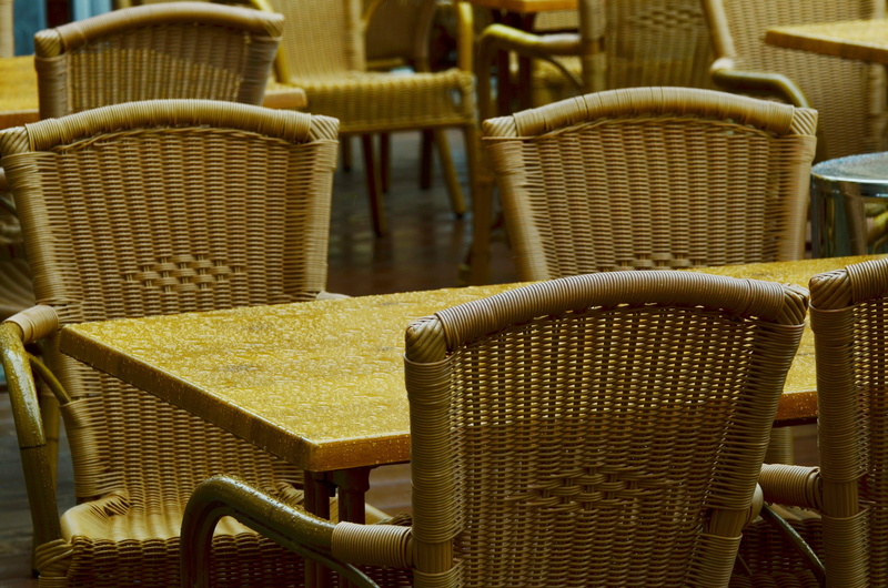 4K, seat, chairs, trueb, chair, day, yellow, raindrop, wicker chairs, gastronomy, cafe, container, restaurant, rain, table, factory, industry, technology