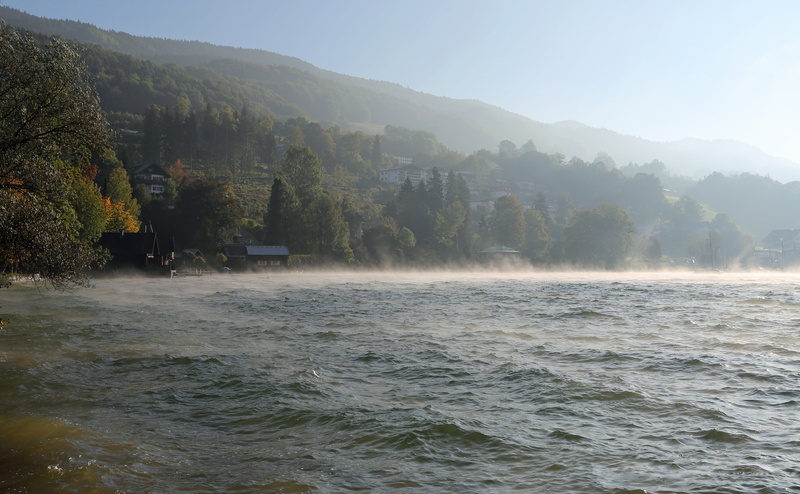 atmospheric, plant, body, fairytale, beauty in nature, mystical, waterfront, haze, fog, day, flowing water, tree, lake, wave, sky, magical, landscape, trees
