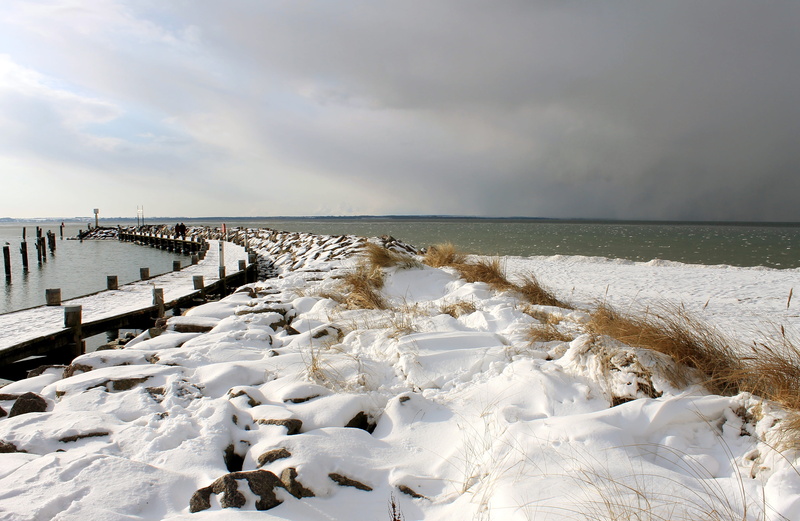 sea, lake, insel poel, ice, trueb, sky, cold temperature, sleet, forces of nature, snow, horizon over water, winter, web, wooden post, landscape, atmosphere