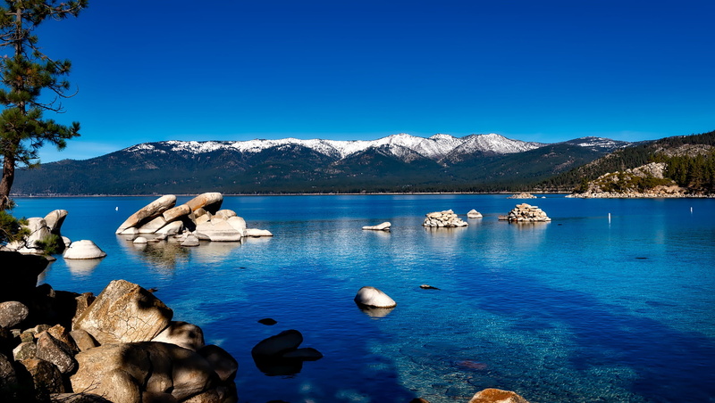 sky, usa, water, beauty in nature, serene, shore, california, solid, rocks, lake, mountain, rock, snowcapped mountain, holiday, body, woods, hdr, winter