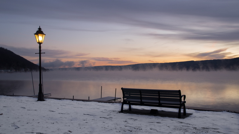 bench, outdoor, water, lake, lamp, Dawn, post, Keuka Lake, body, landscape, 4K, scenics, keuka, wooden bench, body of water, photography, Snow, facing