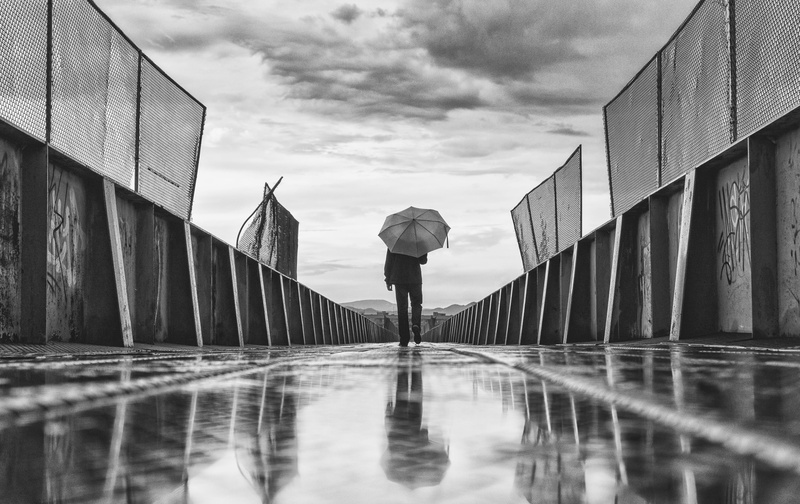 real people, full length, photo, wet, bridge, leisure activity, waterfront, built structure, day, puddle, cloud - sky, sky, industrial, grayscale, nature