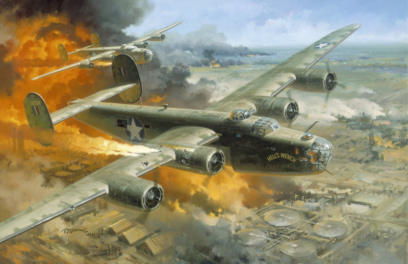 army, day, air, no people, fighting, missile, military Airplane, explosive, 1943 -- " Hells Wench, armed Forces, " a B-24 badly damaged by, fighter Plane