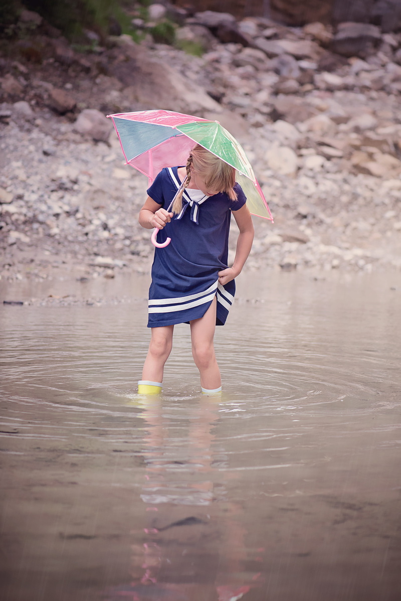 out, 5K, person, protection, blue dress, rubber boots, women, leisure activity, casual clothing, innocence, dress, umbrella, land, beach, day, child, one person