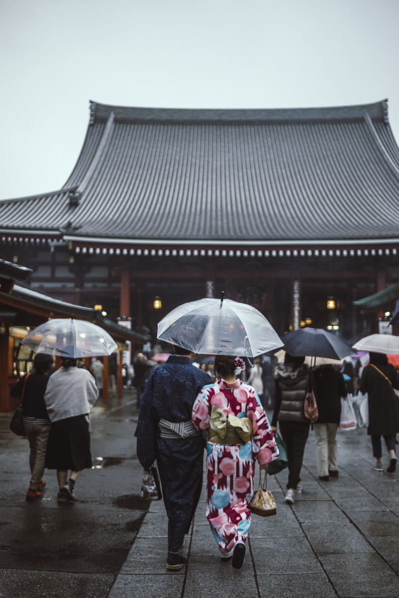 rear view, umbrellas, architecture, real people, lifestyles, holding, built structure, together, going, man, asian, building exterior, pedestrian, people