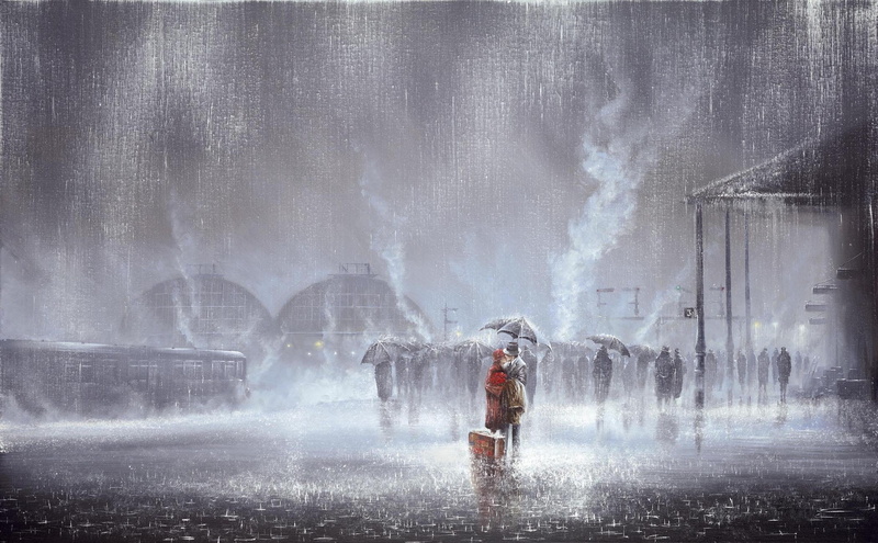 1080P, kiss, suitcase, man, station, woman, picture, people, two, car, railway, umbrellas, rain, love, meeting