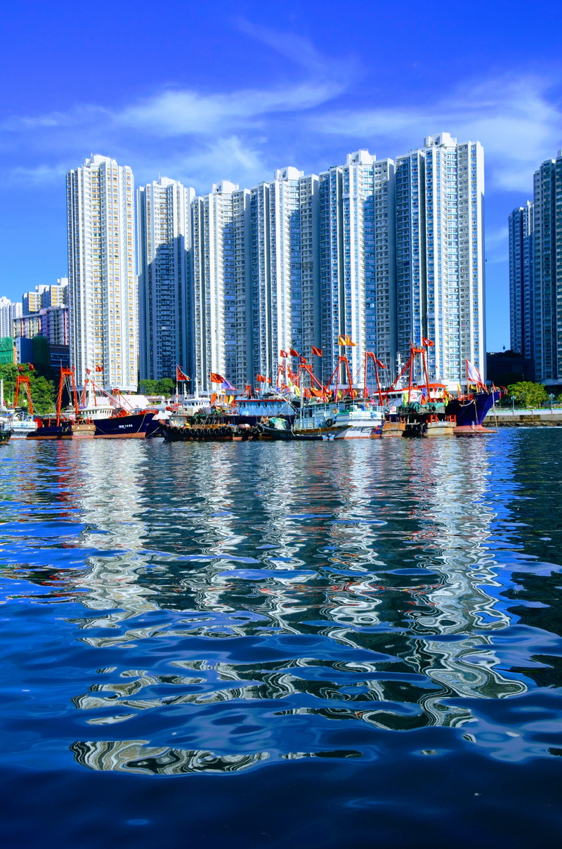nature, sky, buildings, building, water, asia, waterfront, sea, building exterior, hong kong, modern, built structure, transportation, fishing, urban skyline