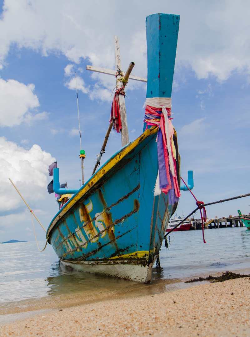 mode of transportation, tourism, tranquility, beach, paradise, thailand, coast, no people, outdoors, big buddha beach, island life, longtail, ship, docked