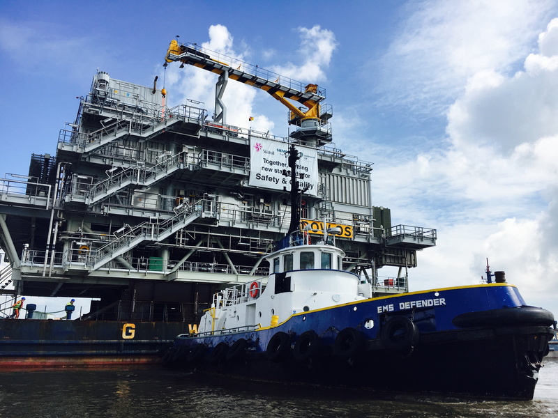 platform, large barge, boat, mode of transportation, tug, freight transportation, vessel, nautical vessel, industry, sky, outdoors, oil industry, cloud - sky