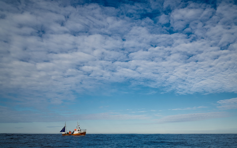 scenics - nature, fishing, day, sea, tranquil scene, water, boat, fishing boat, big, remote, outdoors, recreational boat, sky, blue, mode of transportation
