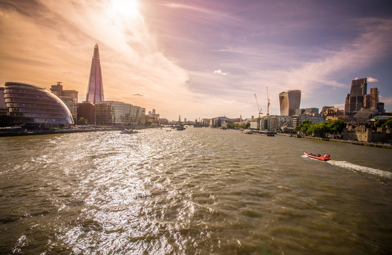 sky, office building exterior, thames, transportation, travel destinations, nautical vessel, river, building, nature, cityscape, landscape, urban skyline