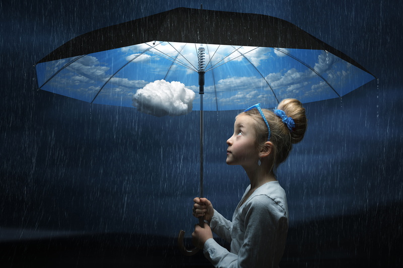 Fantasy, Sky, Umbrella, Child, Little Girl, Girl, Manipulation, Cloud, 5K, Blonde, Rain