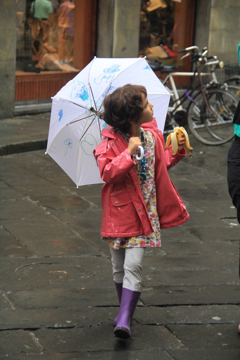 footpath, childhood, rainy season, leisure activity, females, banana, rear view, women, one girl only, boot, umbrella, child, lifestyles, girl, people