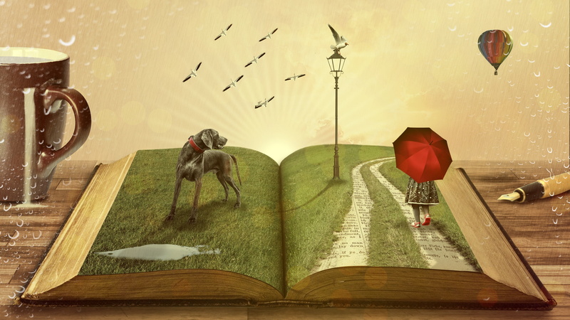 Child, Fantasy, Umbrella, Dog, 2K, Manipulation, Flock Of Birds, Book, Little Girl