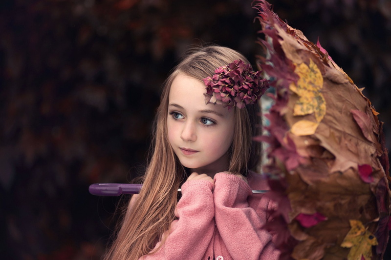 Umbrella, Bokeh, Little Girl, Blue Eyes, Leaf, Blonde, Photography, 1080P, Child