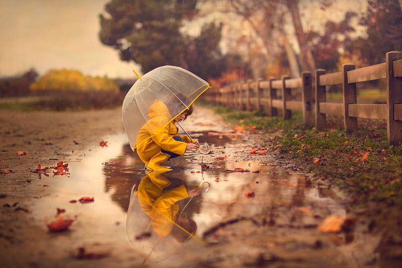 Reflection, Little Girl, Child, Umbrella, Photography, Rain, 1080P, Girl