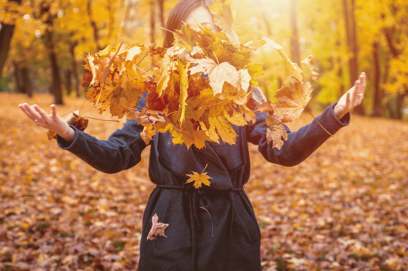 human arm, unrecognizable person, change, front view, obscured face, leaf, day, yellow, air, woman, sunlight, maple leaf, one person, autumn, limb, clothing