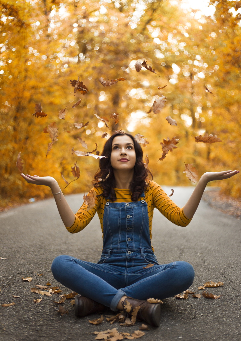 day, young adult, lifestyles, full length, plant part, 5K, beautiful woman, portrait, real people, cross-legged, air, leaf, person, human arm, looking at camera