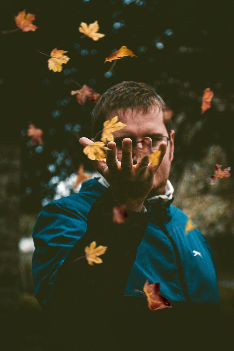 leaves, male, outdoors, light, lifestyles, men, leisure activity, child, hands, males, daylight, teal, wear, pose, maple leaves, zip, scenic, throw, foliage