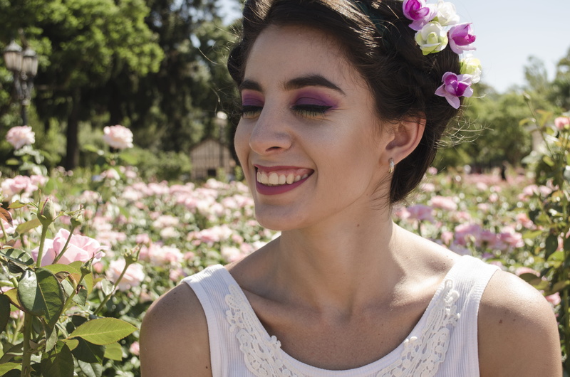 emotion, top, front view, make up, close -up, beautiful flowers, daytime, trees, tank, beauty, face, stylish, dress, hair, outdoors, white, lady, portrait