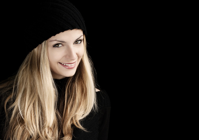 young women, stylish, hair, 2K, human face, one person, portrait, joy, women, smiling, model, black background, headshot, long hair, studio shot, human hair