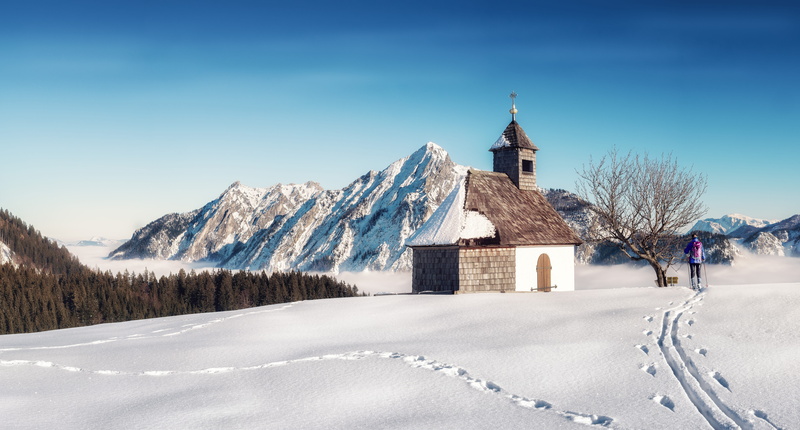 building exterior, view, frozen, snowcapped mountain, religion, cold temperature, belief, frost, chapel, building, snowcapped, nature, winter, scenic, hill