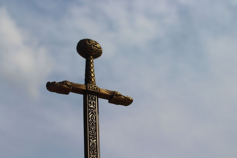 sword against the sky, day, 1080P, metal, epic, pole, low angle view, copy space, sign, outdoors, no people, symbol, text, sword, against, directional sign