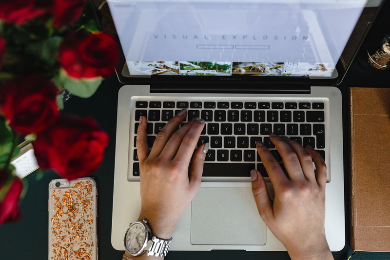 Office, working, red, businesswoman, laptop, surfing the net, macbook pro, indoors, human Hand, one Person, computer Keyboard, roses, computer equipment