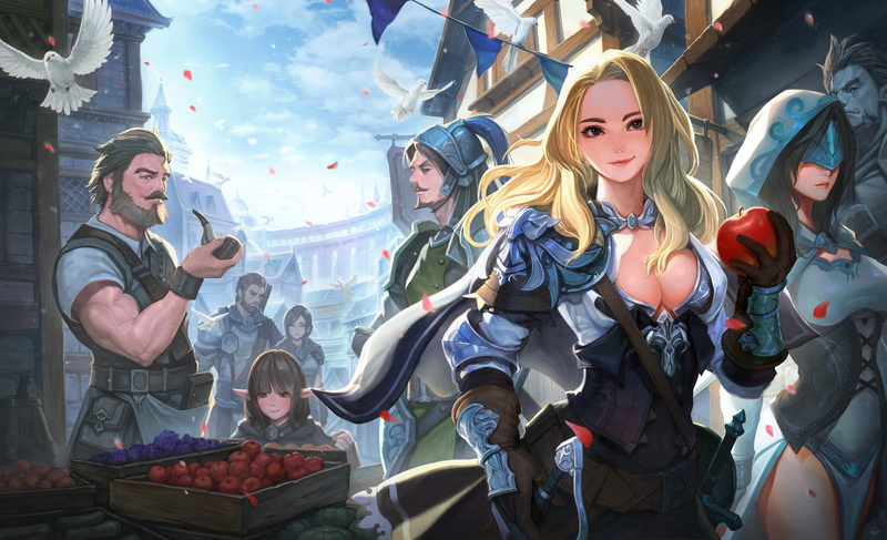 smoking, blonde, armor, gloves, food, 1080P, orcs, knight, flying, petals, apples, crowds, street, sword, warrior, medieval, smiling, fruit, cape, birds