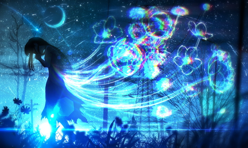 2K, landscape, starry night, fantasy art, flowers, artwork, concept art, cyan, anime, fantasy girl, lights, environment, night, women, anime girls, blue