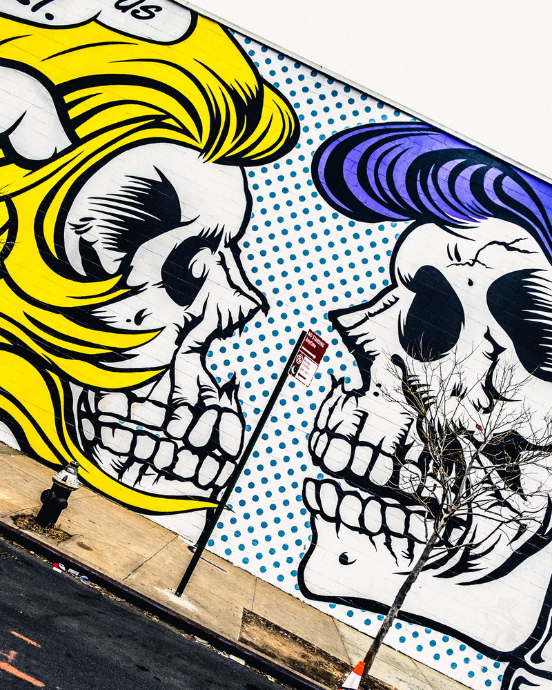 no people, brooklyn, street photography, fujifilm, representation, graffiti, yellow, skeleton, wall - building feature, nyc, human representation, nature
