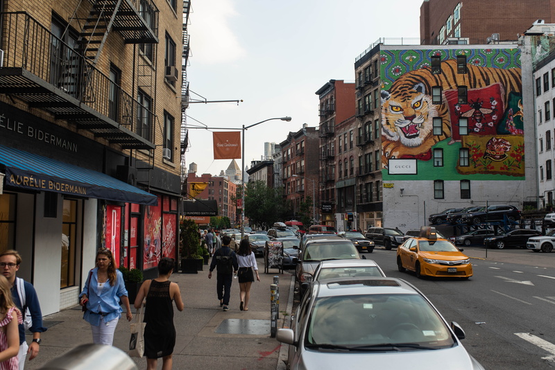 mode of transportation, street, new york city, district, advertisement, fashion, women, painting, road, building exterior, gucci ad, nyc, cars, united states