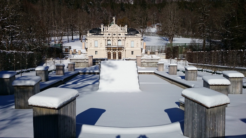 nature, travel destinations, winter, tourism, tree, Germany, Bavaria, royal villa, travel, seat, 4K, building exterior, king ludwig ii, ettal, snow, no people