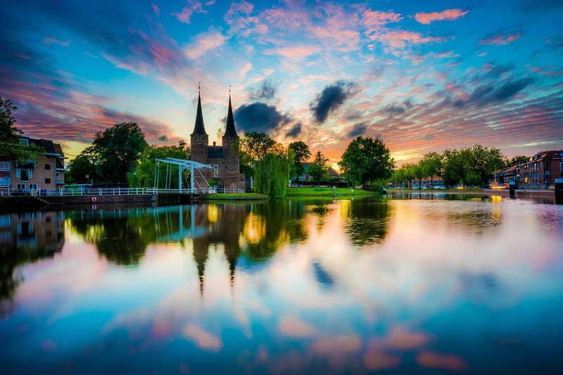 Delft, the sun, Netherlands, sunset, clouds, the sky, trees, 1080P, river, home