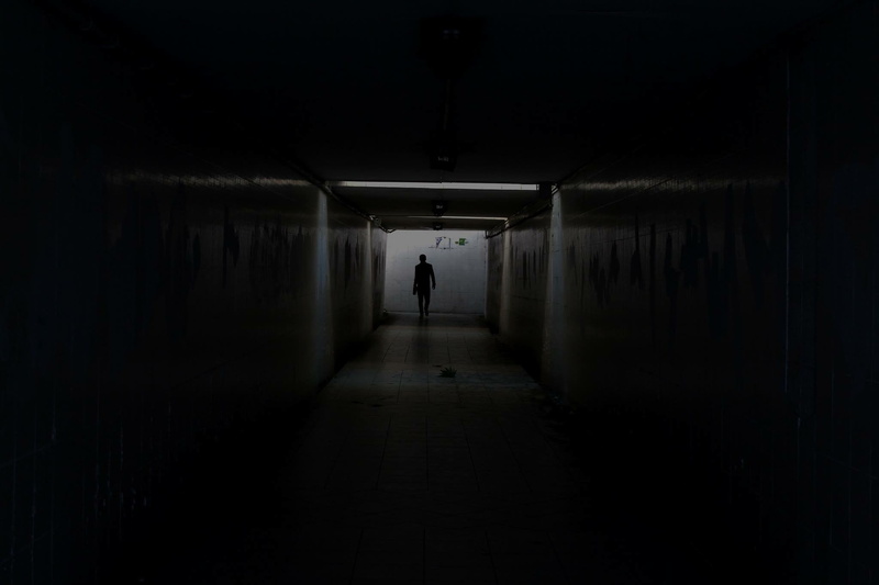 tunnel, people, spooky, dark, corridor, silhouette, shadow, built structure, shadows, light at the end of the tunnel, indoors, men, lighting equipment