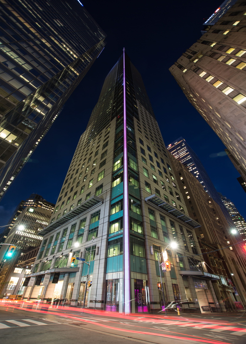 financial district, long exposure, toronto, officebuilding, beam, modern, 4K, outdoors, city, architecture, tower, nightlife, speed, low angle view, sky
