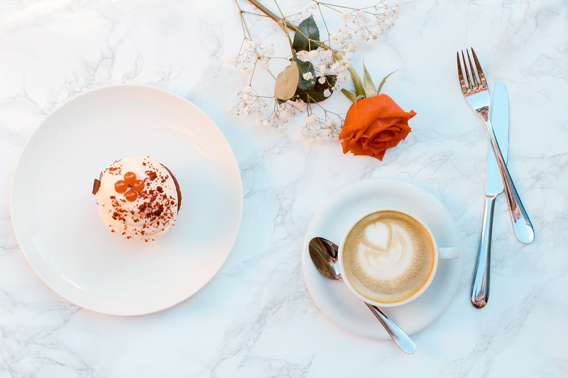 food and drink, indoors, spoon, hot drink, cake, food, no people, round, flower, freshness, sauce, fork, high angle view, coffee - drink, 5K, cupcake