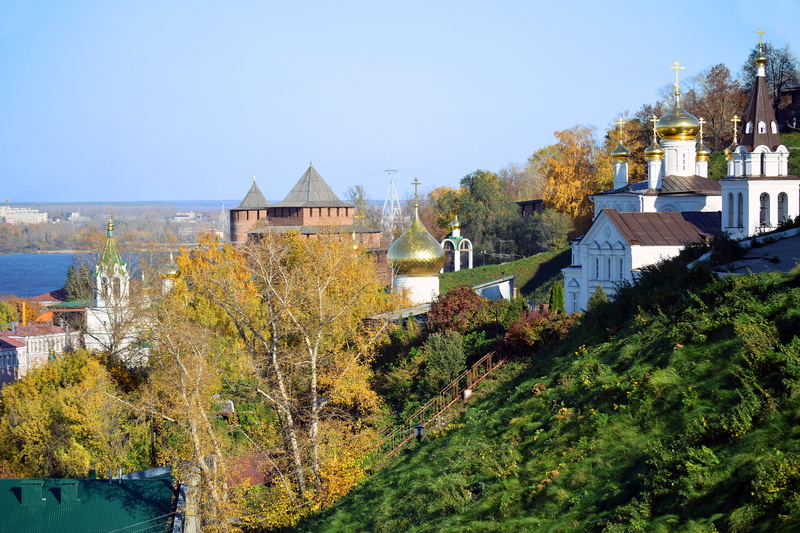 grass, City, autumn, river, day, volga, fall, change, Russia, russian federation, townscape, residential building, 2K, clear sky, residential district