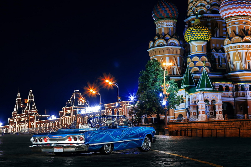 built structure, Impala, swag, nature, coupe, sky, water, street, nautical vessel, mode of transportation, 1963, blue, Moscow, illuminated, travel destinations