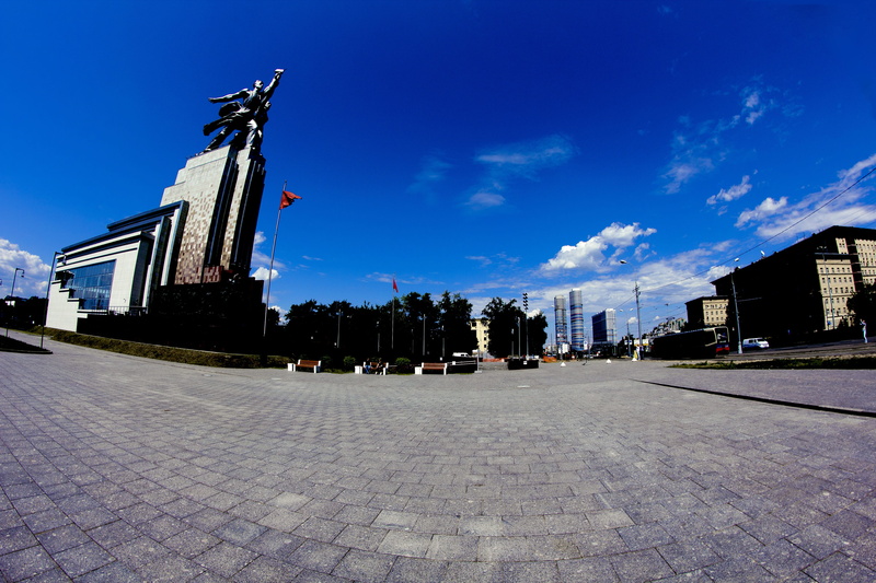 stone, cobblestone, worker and kolkhoz woman, no people, architecture, day, moscow, footpath, outdoors, blue, city, enea, cloud - sky, built structure