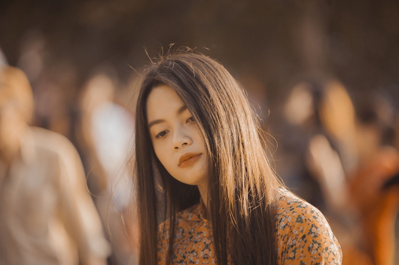 cute, downward, pensive, looking, incidental people, hair, 4K, one person, close-up, beautiful, woman, beautiful woman, headshot, lovely, eyes, adult