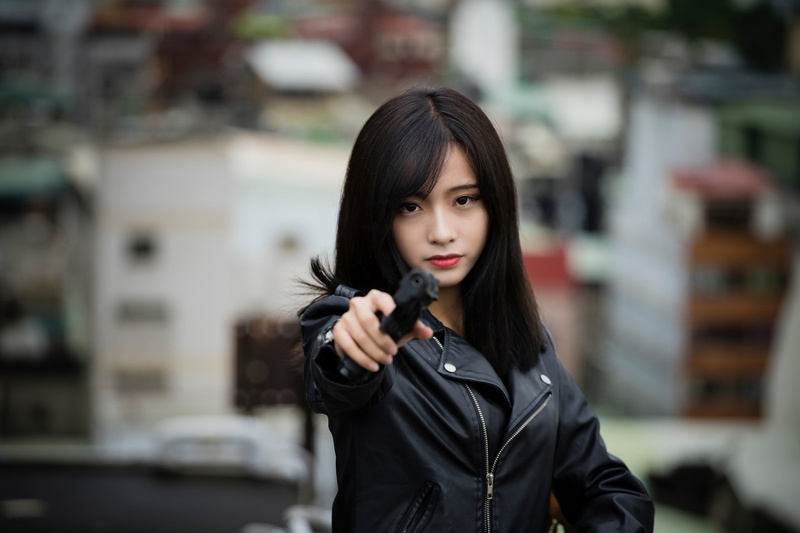 Woman, Girl, Gun, Brunette, Leather Jacket, Model, 1080P, Asian, Brown Eyes, Lipstick, Women, Depth Of Field