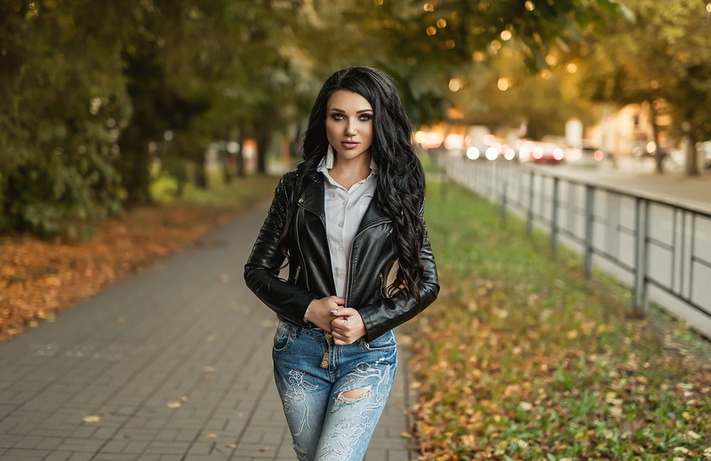 Model, Girl, Woman, Black Hair, 1080P, Leather Jacket, Long Hair, Models, Depth Of Field